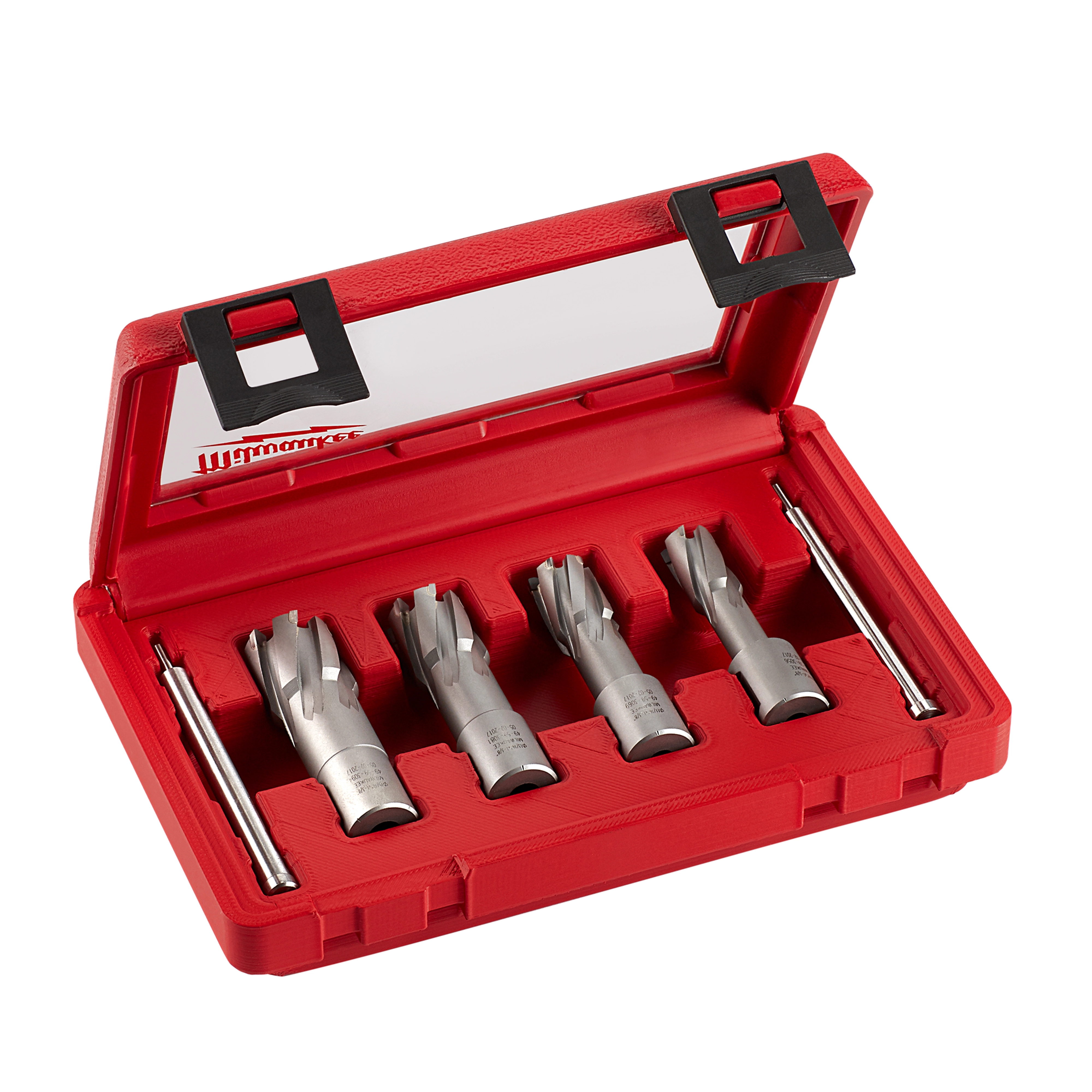 4 pc. Annular Cutter Set displayed in a red plastic case with four metal cutters and two metal rods neatly arranged.