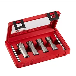 4 pc. Annular Cutter Set displayed in a red plastic case with four metal cutters and two metal rods neatly arranged.