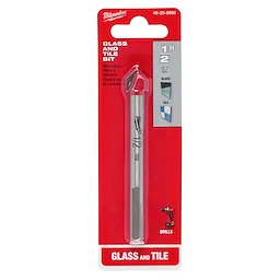 Glass and Tile Bit, 1/2" displayed in packaging with red background, featuring icons for glass, tile, and drills.