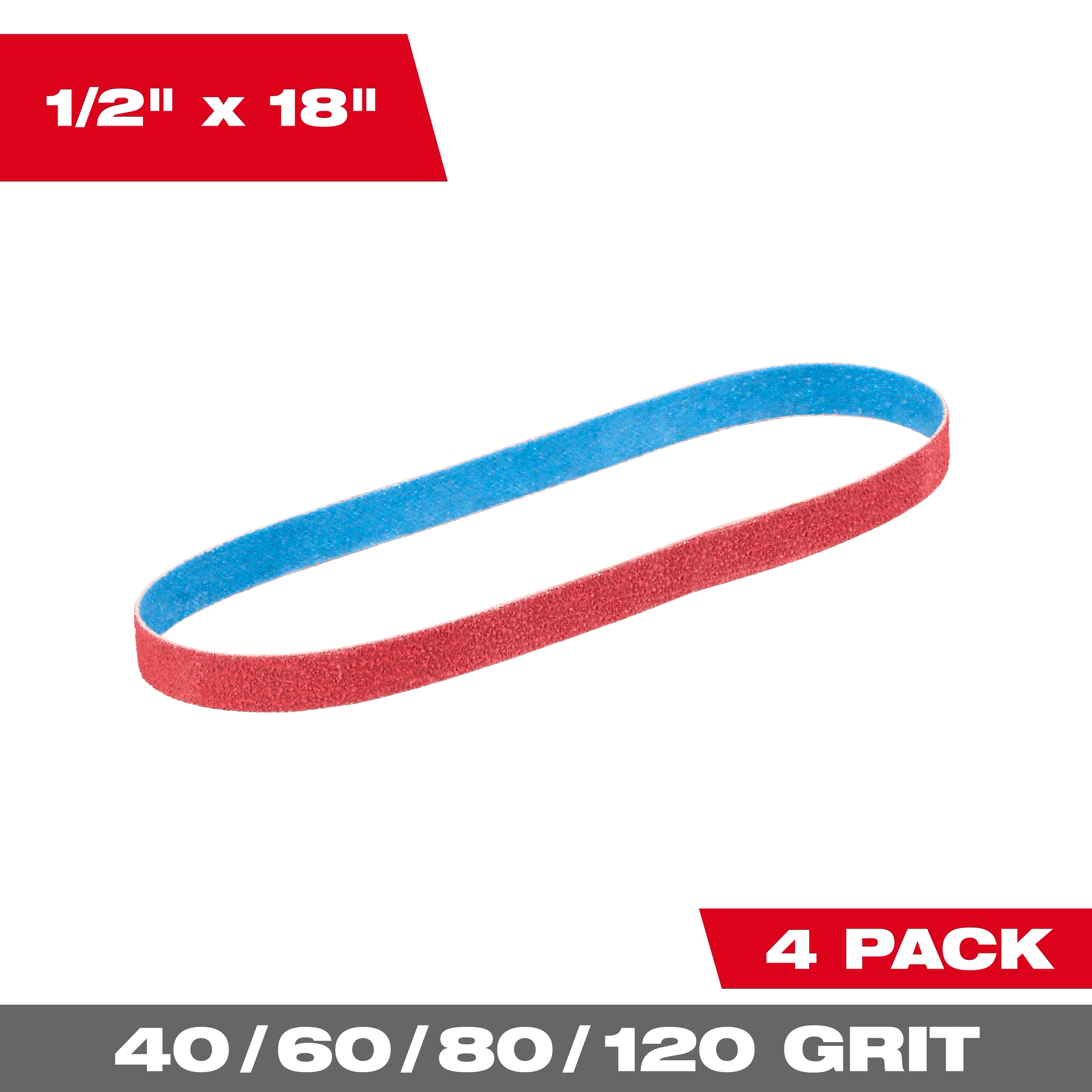 Image of the Milwaukee 1/2" x 18" Bandfile Belt with the text "1/2" x 18". 4 pack. 40/60/80/120 grit"