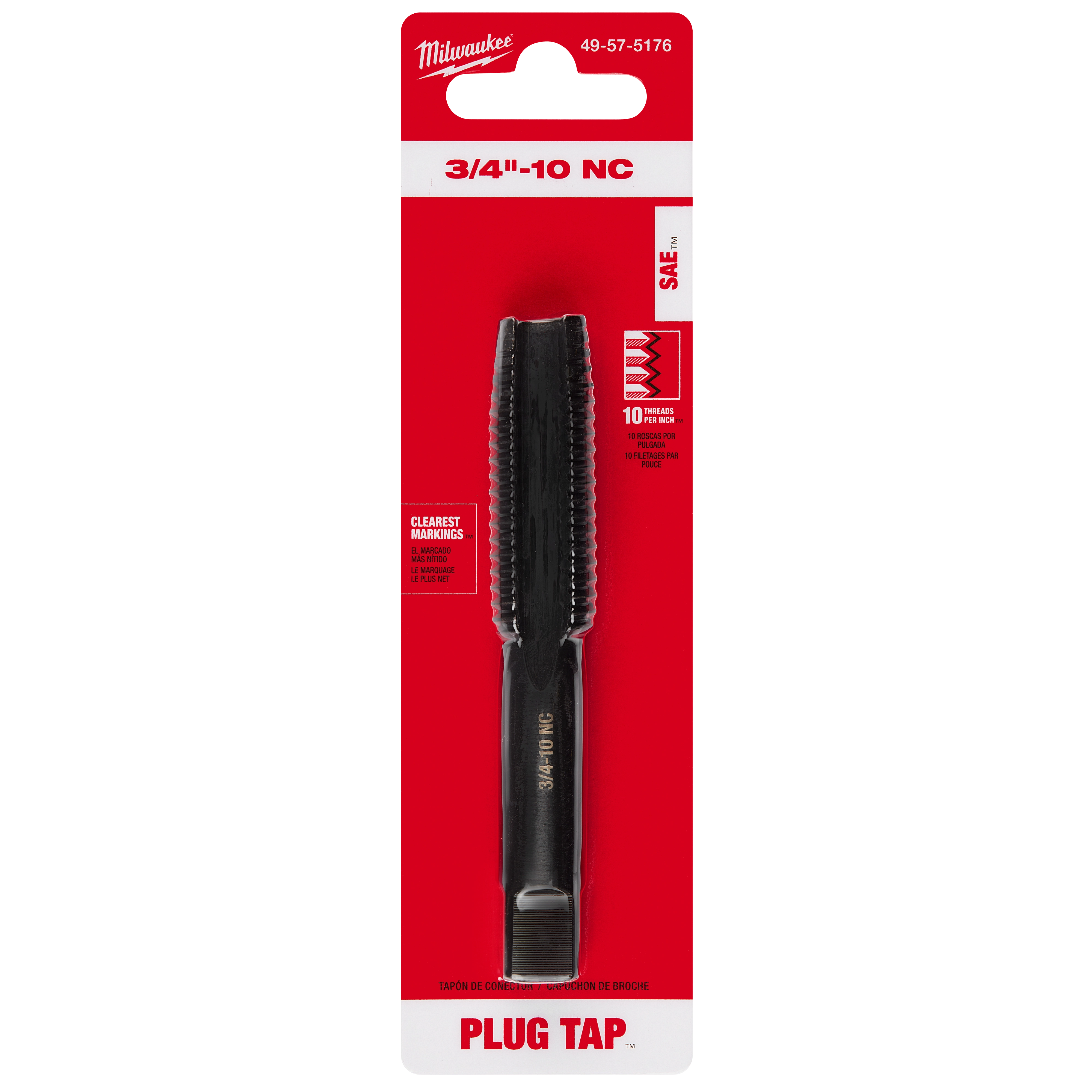 3/4"-10 NC Straight Flute Plug Tap in black shown in packaging, used for creating threads, with product information on red background.