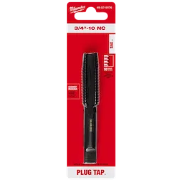 3/4"-10 NC Straight Flute Plug Tap in black shown in packaging, used for creating threads, with product information on red background.