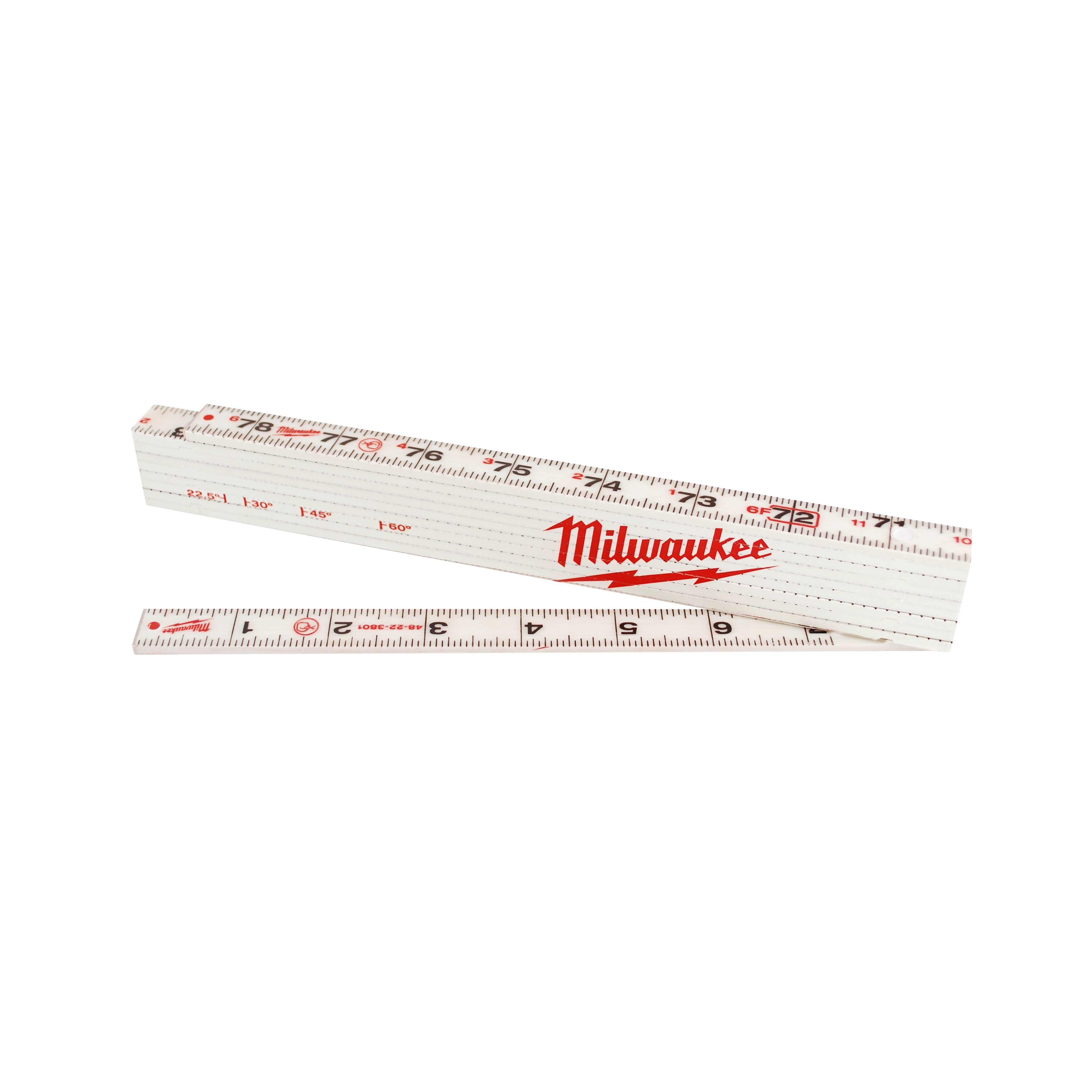 The Folding Rule is a white, collapsible measuring tool made by Milwaukee. It features both metric and imperial measurements in black and red markings, with bold red branding on the side.