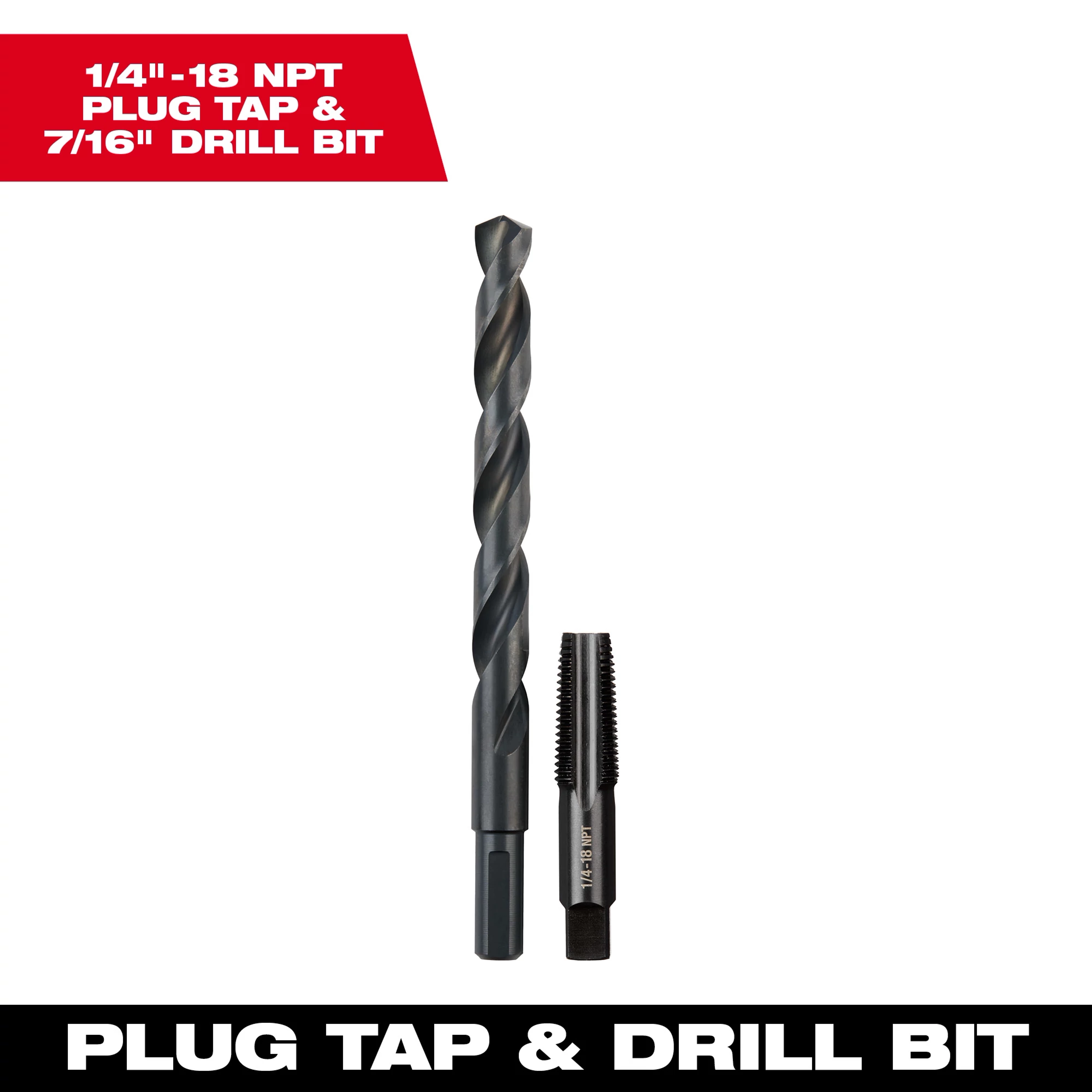 1/4"-18 NPT Straight Flute Plug Tap and 7/16" Drill Bit displayed on a white background. Both tools are black-colored and shown vertically.