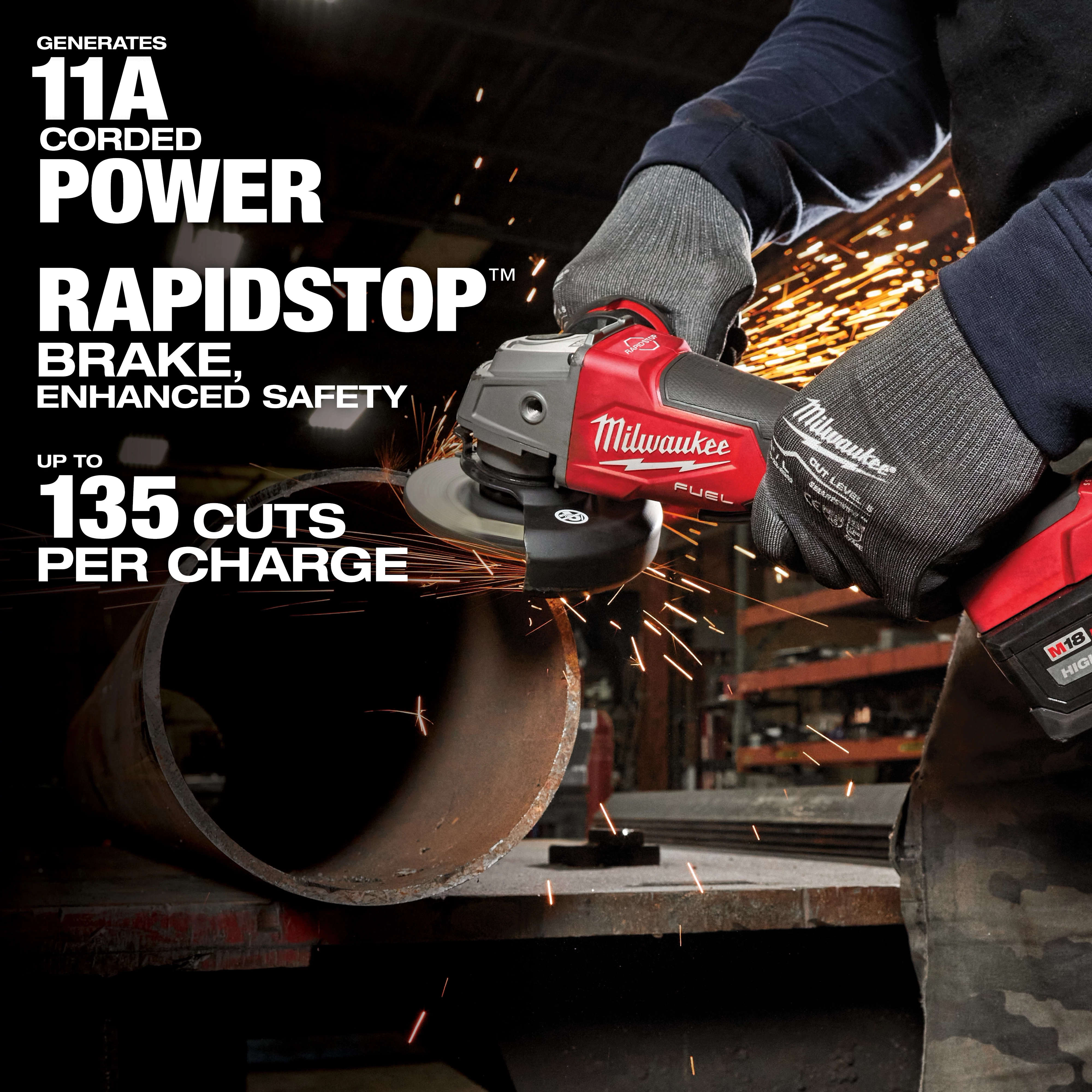 The M18 FUEL 7-Tool Combo Kit and M18 FUEL 4-Tool Combo Kit include powerful tools like the angle grinder shown, producing up to 135 cuts per charge. Features include 11A corded power, RAPIDSTOP brake for enhanced safety, detailed specifications displayed on the left side.