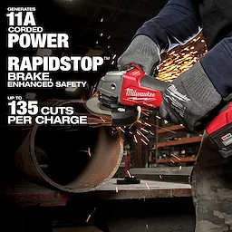 The M18 FUEL 7-Tool Combo Kit and M18 FUEL 4-Tool Combo Kit include powerful tools like the angle grinder shown, producing up to 135 cuts per charge. Features include 11A corded power, RAPIDSTOP brake for enhanced safety, detailed specifications displayed on the left side.