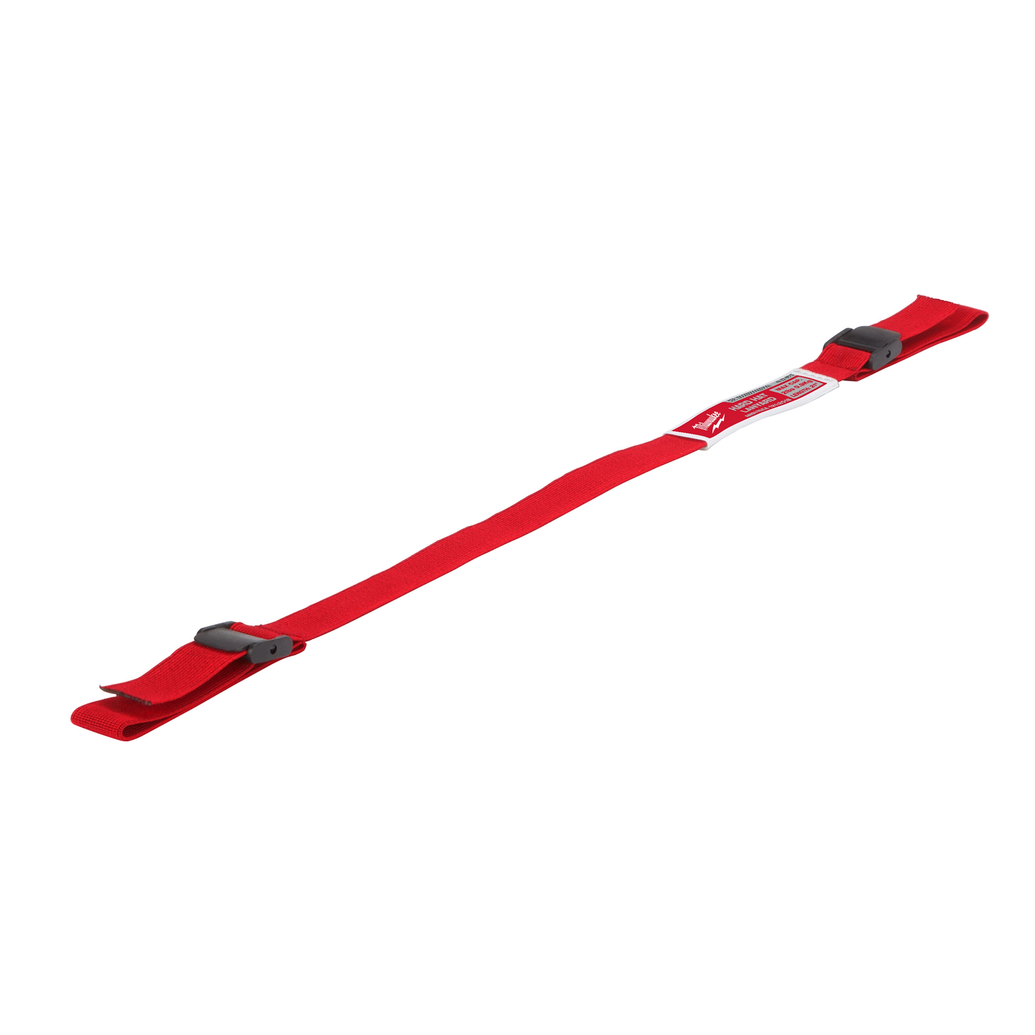 The Hard Hat Lanyard with Loop is a red safety accessory featuring two adjustable plastic clips at each end. It is designed to secure a hard hat to prevent it from falling or being misplaced.