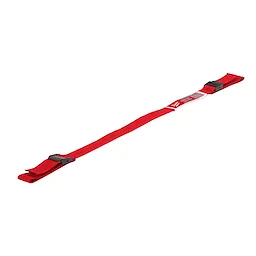 The Hard Hat Lanyard with Loop is a red safety accessory featuring two adjustable plastic clips at each end. It is designed to secure a hard hat to prevent it from falling or being misplaced.