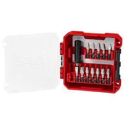 The SHOCKWAVE™ Impact Duty Driver Bit Set - 13PC features a collection of 13 driver bits in a red and black organizer case with a transparent lid. Each bit is designed for heavy-duty impact applications.