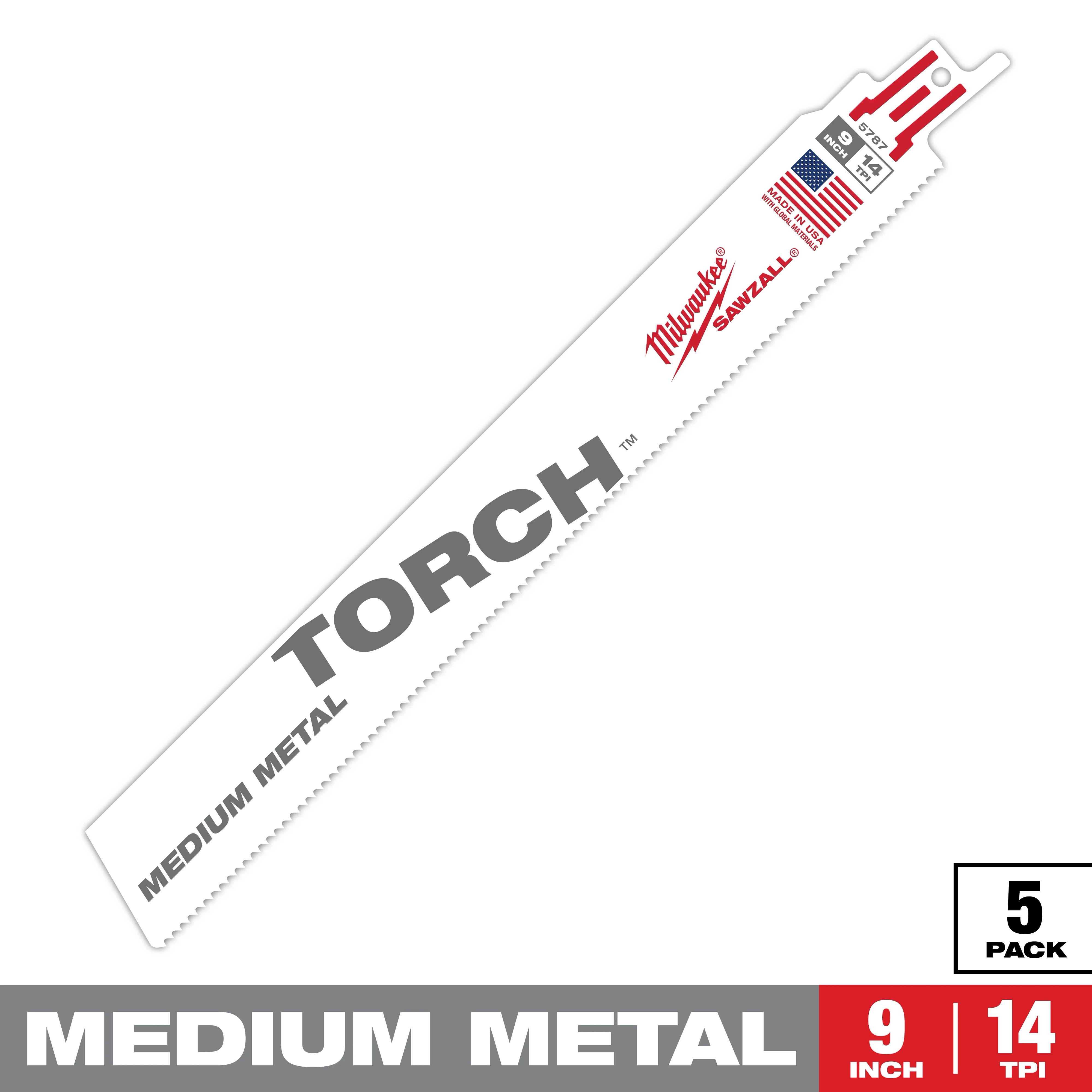 The Sawzall Bi-Metal Carbide blade is a medium metal cutting blade, 9 inches in length with 14 TPI. The image shows the product packaging highlighting “Torch” for metal cutting and indicates it comes in a 5 pack.