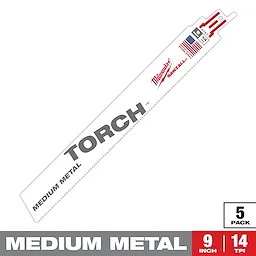 The Sawzall Bi-Metal Carbide blade is a medium metal cutting blade, 9 inches in length with 14 TPI. The image shows the product packaging highlighting “Torch” for metal cutting and indicates it comes in a 5 pack.