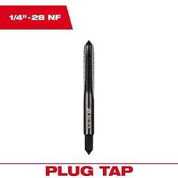 1/4"-28 NF Straight Flute Plug Tap with black finish, shown vertically against a white background with red text labels.