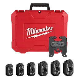 Milwaukee ZoomLock MAX® & MaxiPro® Pivoting Press Ring Kit for M12™ FORCE LOGIC™ Press Tool includes a red carrying case with the Milwaukee logo and various black press rings ranging from 1/4” to 7/8” displayed below.