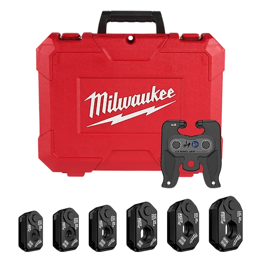 Milwaukee ZoomLock MAX® & MaxiPro® Pivoting Press Ring Kit for M12™ FORCE LOGIC™ Press Tool includes a red carrying case with the Milwaukee logo and various black press rings ranging from 1/4” to 7/8” displayed below.