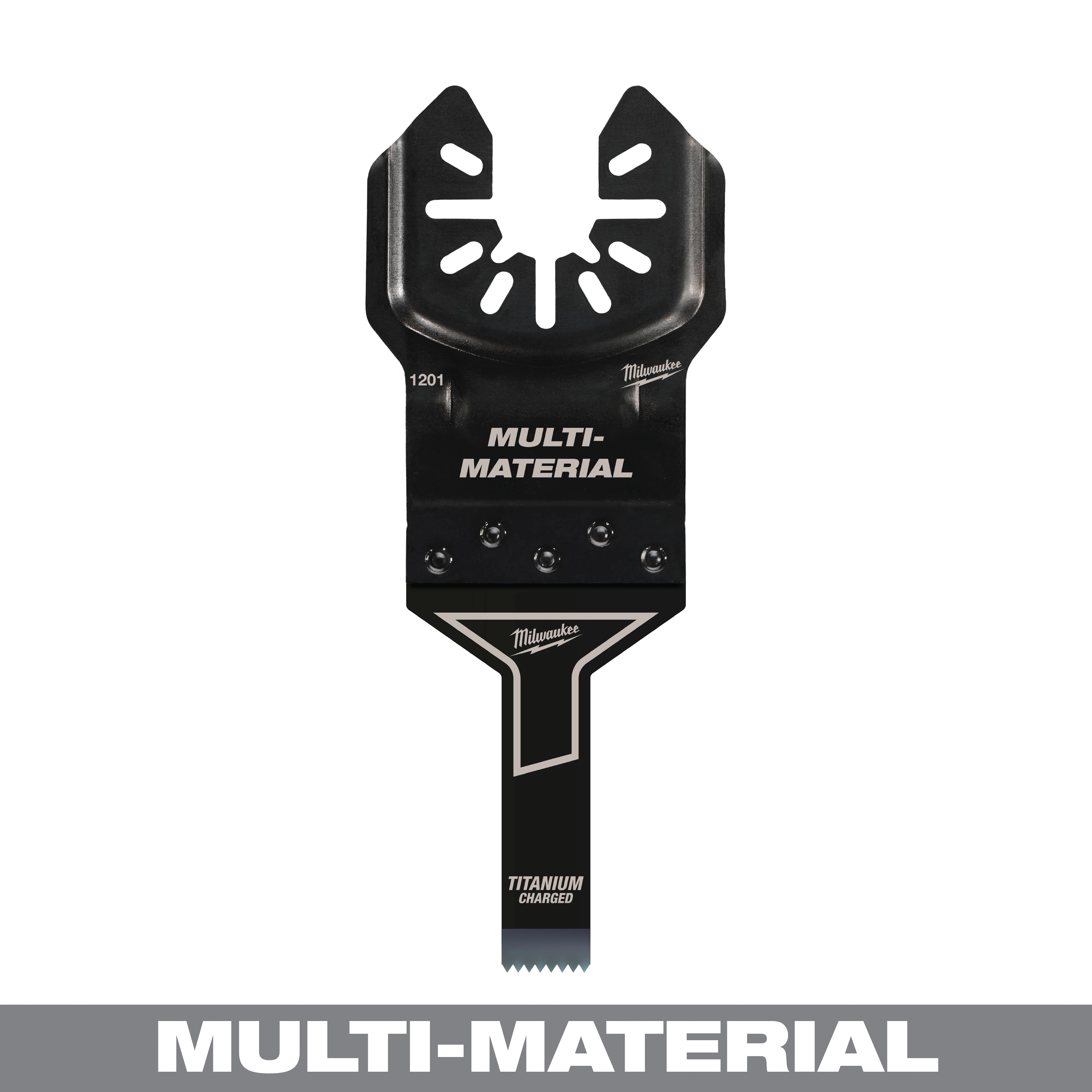 MILWAUKEE OPEN-LOK 3/8" Titanium Charged Bi-Metal Multi-Material Multi-Tool Blade with a black finish and serrated edge.
