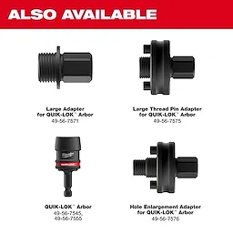 Three black adapters and a main QUIK-LOK™ Arbor are displayed against a white background. Each adapter has a label indicating its specific use: large adapter, large thread pin adapter, hole enlargement adapter, and QUIK-LOK™ Arbor. The product is described as "5PK Small Adapters for QUIK-LOK™ Arbors."