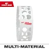5" Hole Dozer Bi-Metal Hole Saw, white with jagged teeth and holes for material removal, labeled "Hole Dozer" in red.