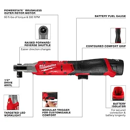 The image displays a Milwaukee M12 FUEL™ 1/2" Ratchet with features labeled: Powerstate™ brushless motor, battery fuel gauge, contoured comfort grip, raised forward/reverse shuttle, 1/2" drive anvil, targeted LED work light, modular trigger, and battery isolator. It provides 80 ft-lbs of torque and 300 RPM.