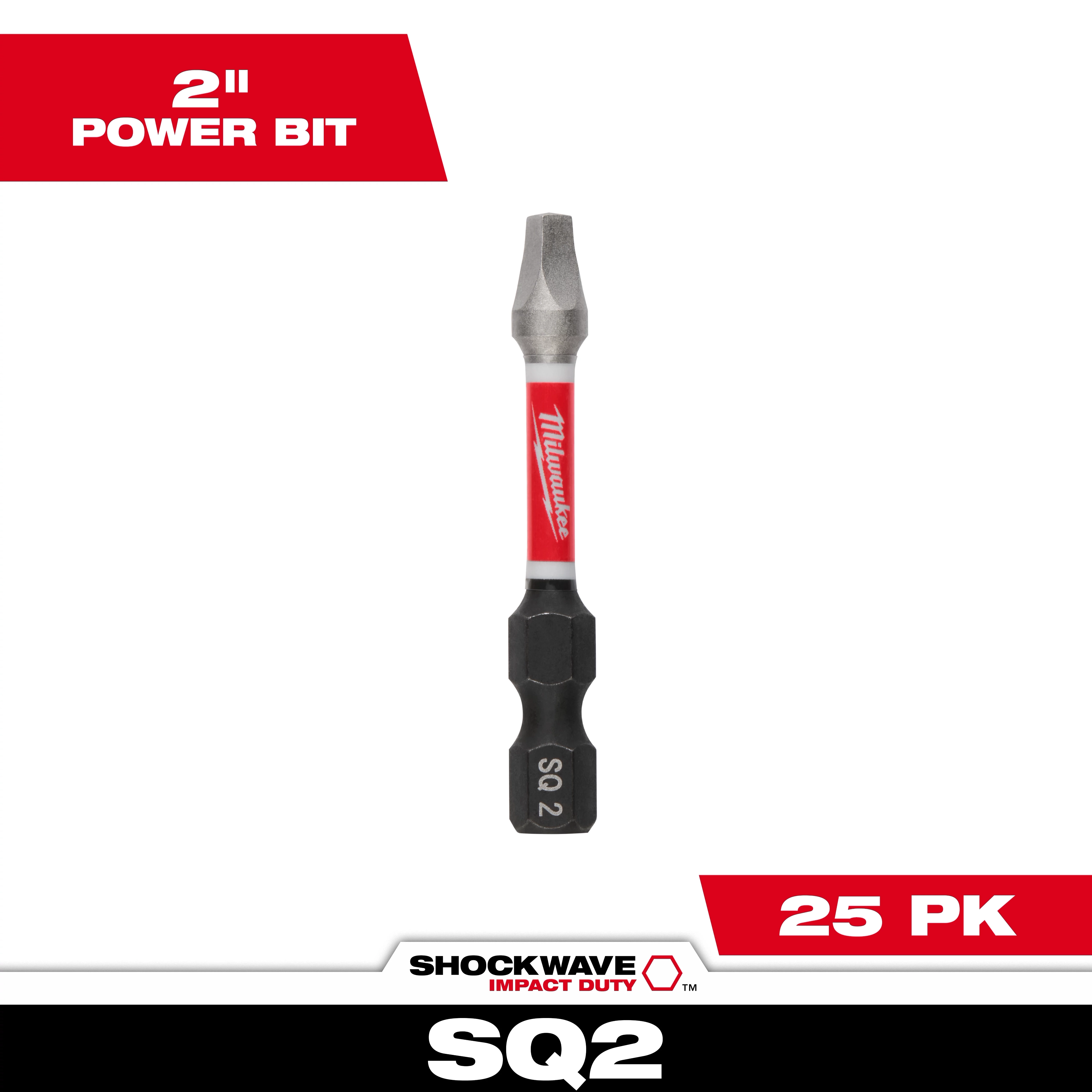 The image shows a single SHOCKWAVE™ 2” Impact Duty Square Recess #2 Power Bit, which is part of a bulk pack of 25. The bit features a durable construction and is designed for high-performance use with impact drivers. The packaging highlights the bit's size and quantity.