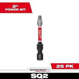 The image shows a single SHOCKWAVE™ 2” Impact Duty Square Recess #2 Power Bit, which is part of a bulk pack of 25. The bit features a durable construction and is designed for high-performance use with impact drivers. The packaging highlights the bit's size and quantity.