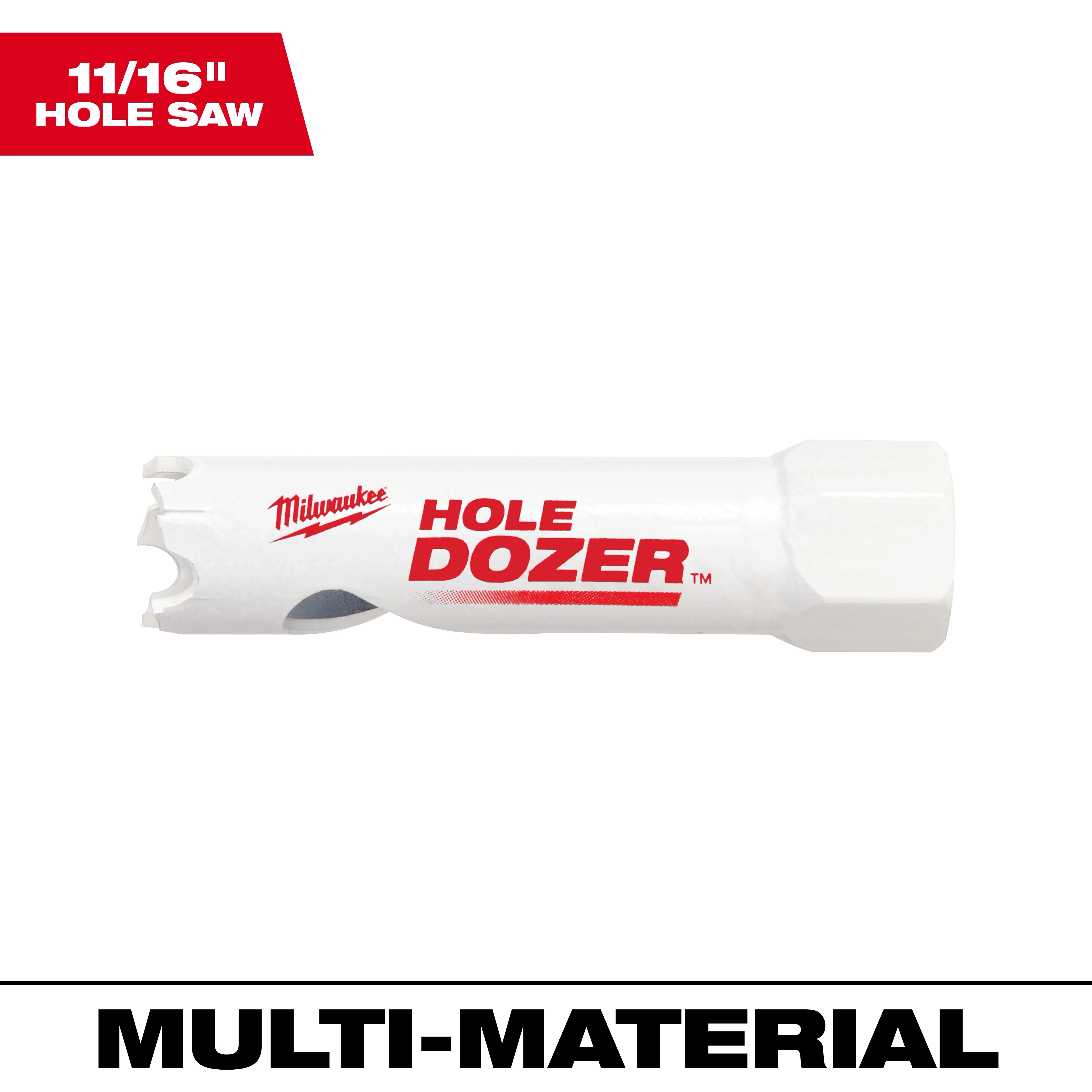 11/16" Hole Dozer Bi-Metal Hole Saw for multi-material cutting with a white body and red branding.