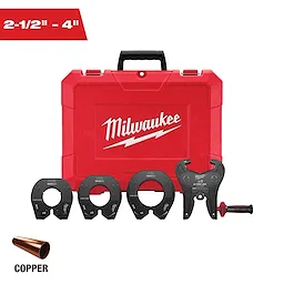 A red Milwaukee tool case with the logo, four black pipe press jaws, a pressing tool, and a small pipe are displayed. Text on the top left reads "2-1/2" - 4" and "COPPER" is labeled at the bottom next to a copper pipe.