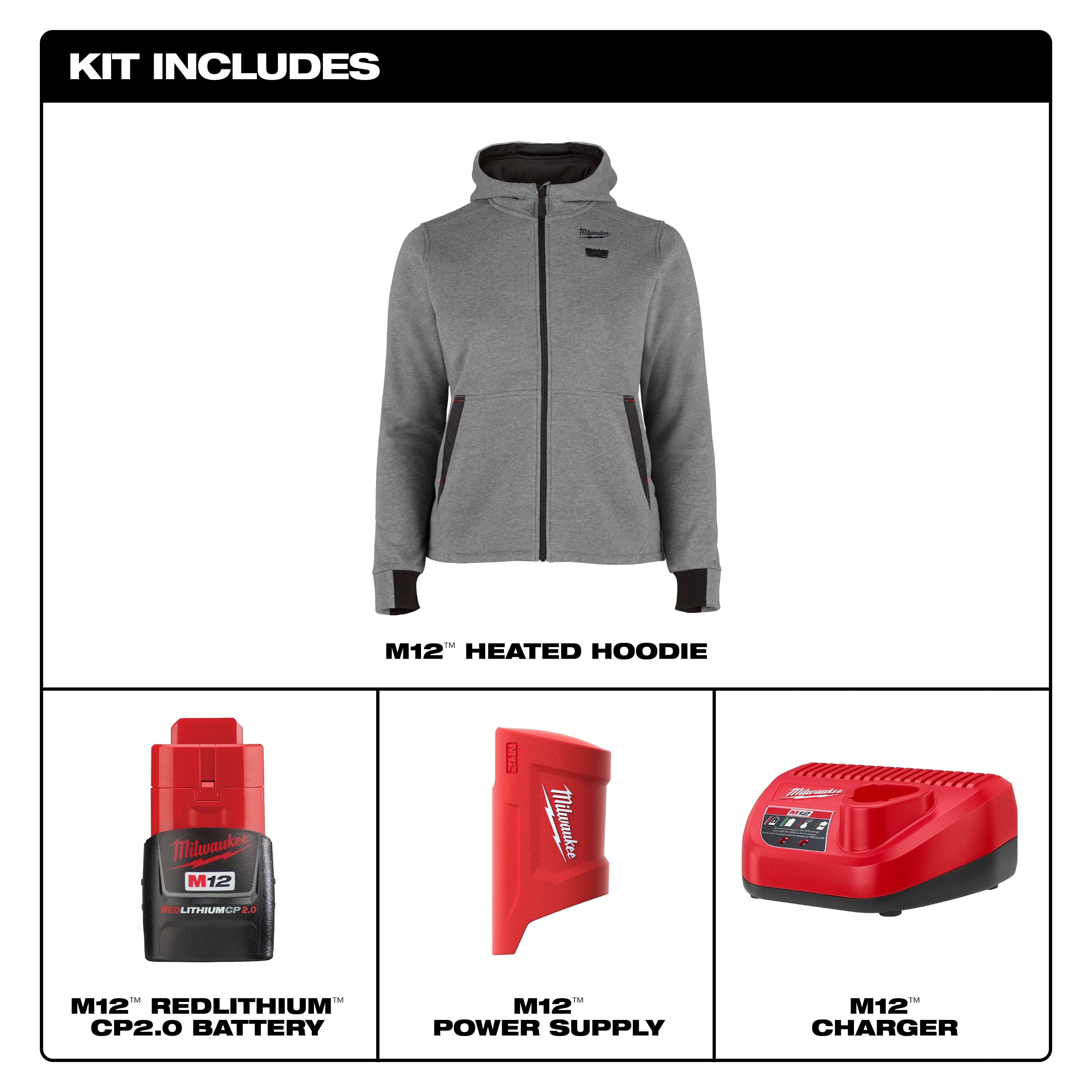 The M12™ Heated Hoodie kit includes a gray zippered hoodie, M12™ REDLITHIUM™ CP2.0 battery, M12™ power supply, and M12™ charger. The hoodie features heating elements and pockets, while the battery and charger power the heating function.