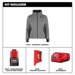 The M12™ Heated Hoodie kit includes a gray zippered hoodie, M12™ REDLITHIUM™ CP2.0 battery, M12™ power supply, and M12™ charger. The hoodie features heating elements and pockets, while the battery and charger power the heating function.