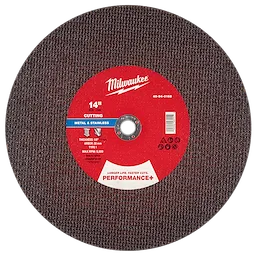 Milwaukee Performance+ Metal Cut Off Wheel, Type 1, 14" x 1/8" x 20mm, for cutting metal and stainless steel; max RPM 5,400.