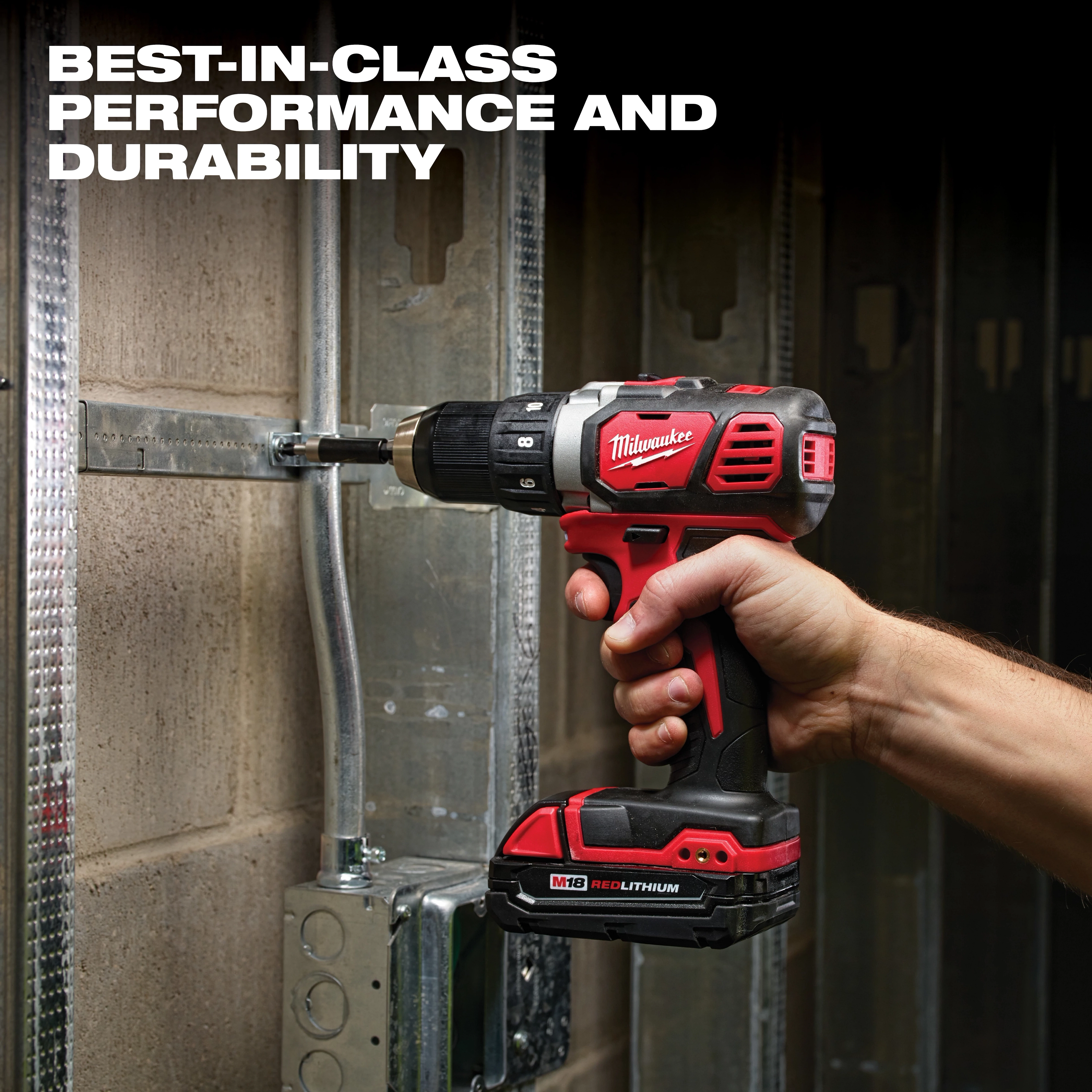 A hand holds a red and black M18 power drill against a metallic surface. The text "BEST-IN-CLASS PERFORMANCE AND DURABILITY" is featured in the top left corner. The drill is part of the M18 9-Tool Combo Kit, M18 5-Tool Combo Kit, and other M18 tool kits.
