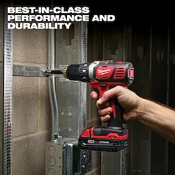 A hand holds a red and black M18 power drill against a metallic surface. The text "BEST-IN-CLASS PERFORMANCE AND DURABILITY" is featured in the top left corner. The drill is part of the M18 9-Tool Combo Kit, M18 5-Tool Combo Kit, and other M18 tool kits.