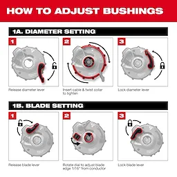 Instructions for adjusting bushings on the M18 FUEL™ Covered Conductor Cable Stripper Kit w/ Adjustable Bushings. Two sections: Diameter Setting and Blade Setting, each with three steps. Steps include releasing lever, making adjustments, and locking lever. Diagrams and directional arrows aid understanding.