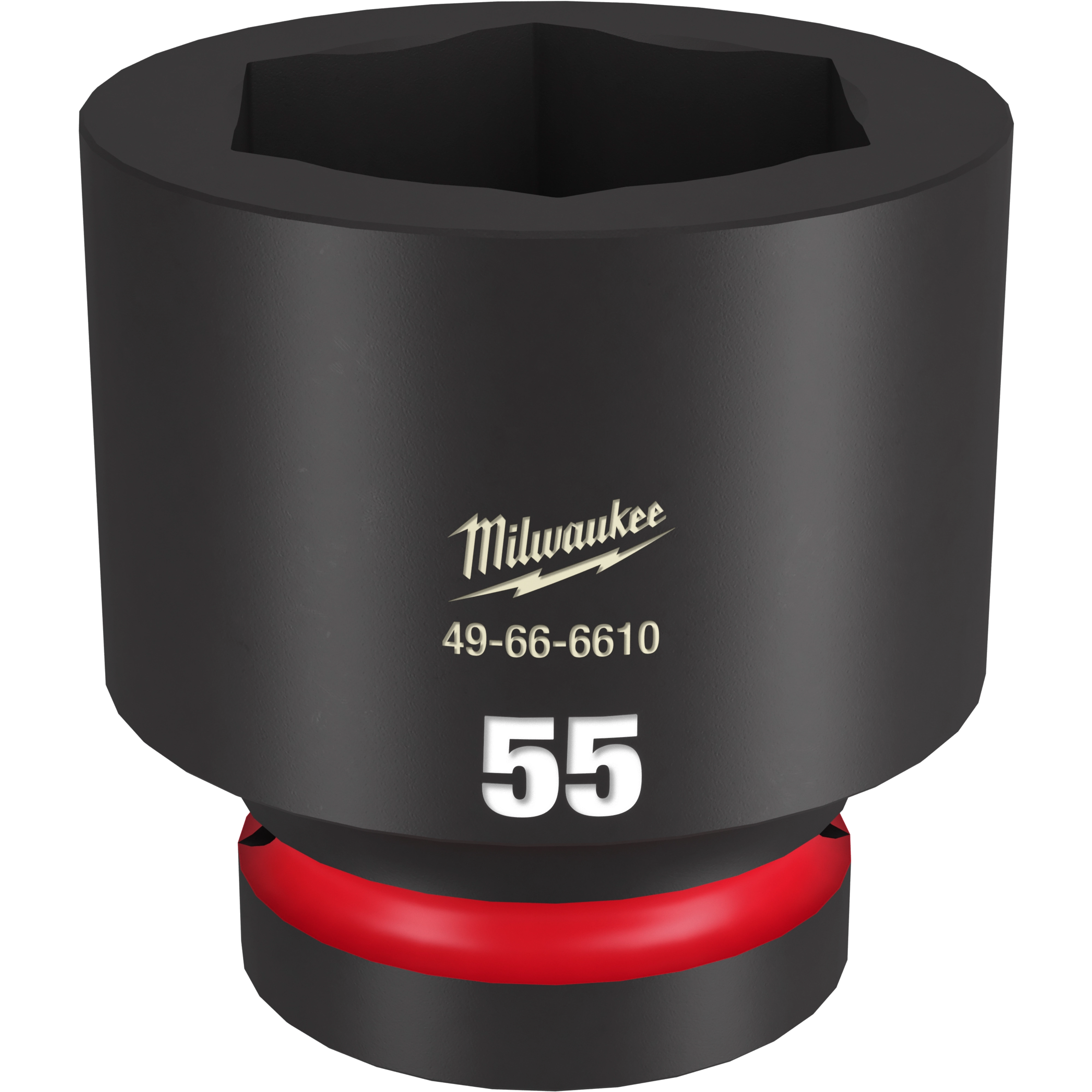 1" DR 55MM STD Impact Socket by Milwaukee, model number 49-66-6610. The socket is black with a red bottom band and "55" printed in white on the side.