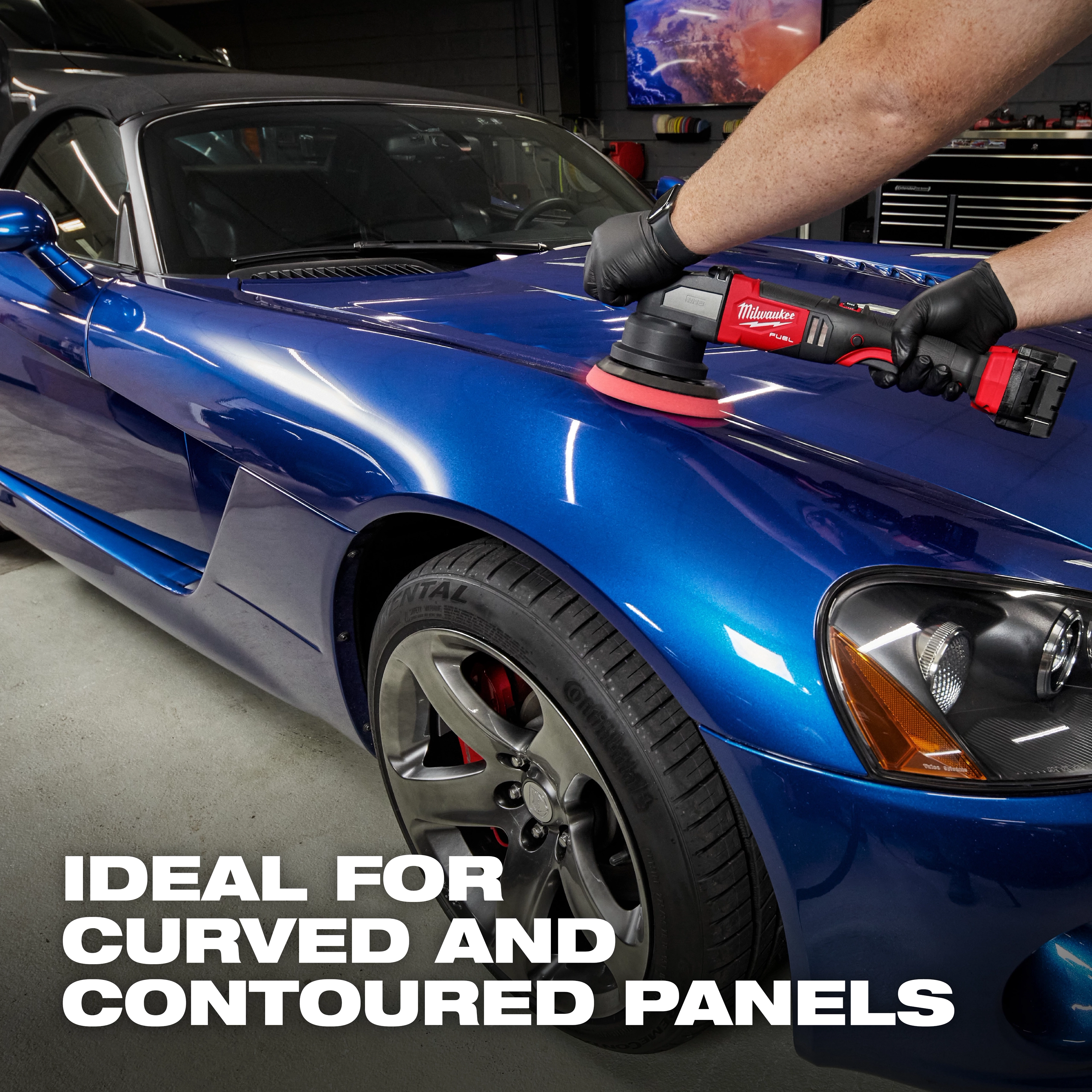 Person using a red and black power tool with a 5" Foam Light Cutting/Polishing Pad 2PK on a blue sports car hood. Text: "Ideal for Curved and Contoured Panels".