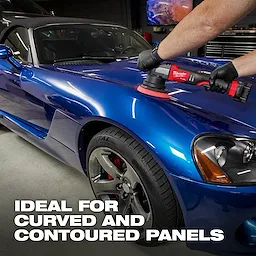 Person using a red and black power tool with a 5" Foam Light Cutting/Polishing Pad 2PK on a blue sports car hood. Text: "Ideal for Curved and Contoured Panels".