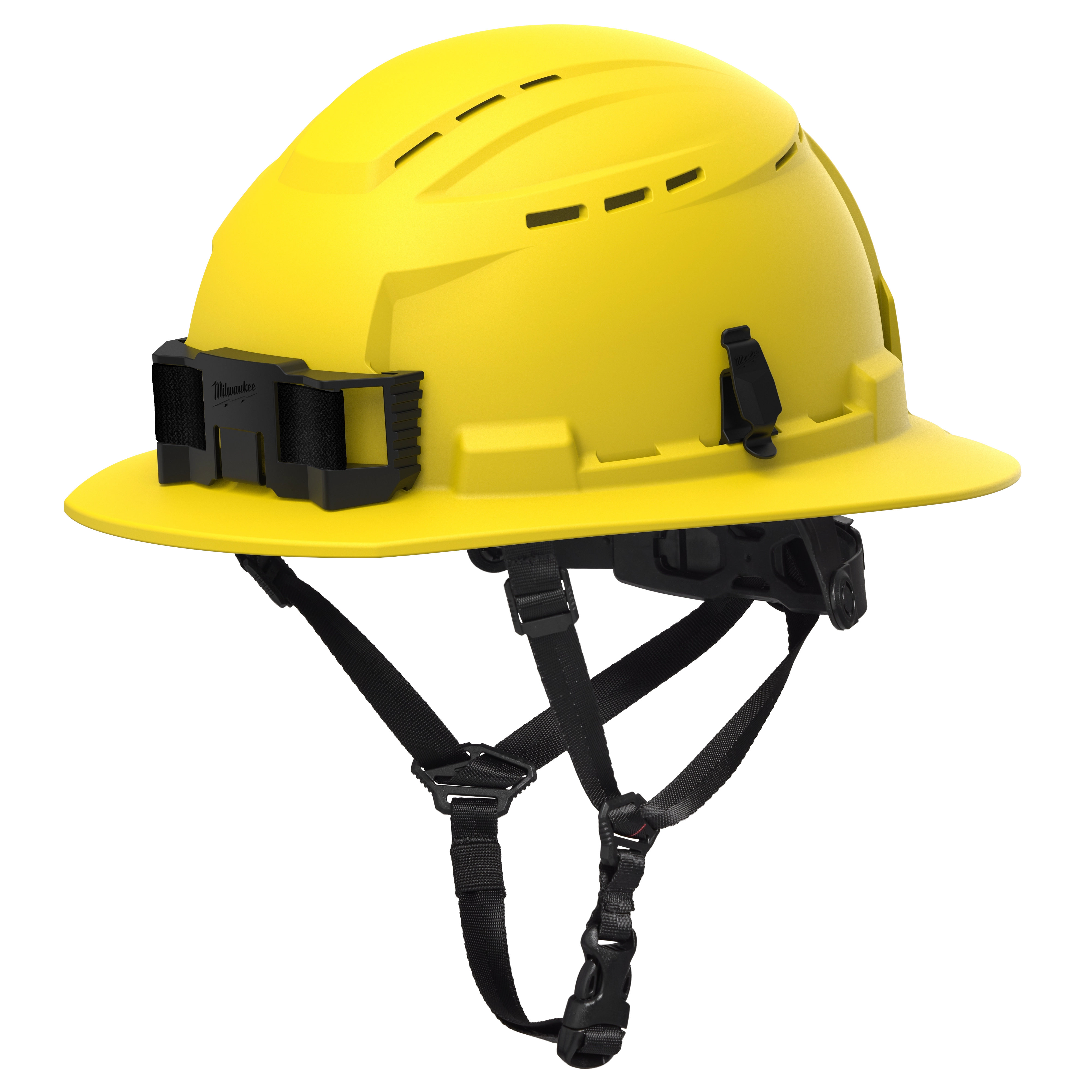 BOLT™ Yellow Full Brim Vented Safety Helmet – Type 2, Class C features a bright yellow color, full brim, and multiple ventilation slots. It includes a black attachment at the front and an adjustable strap harness.
