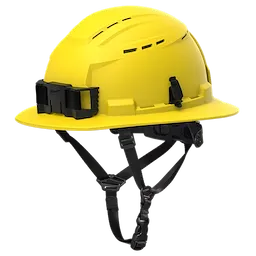 BOLT™ Yellow Full Brim Vented Safety Helmet – Type 2, Class C features a bright yellow color, full brim, and multiple ventilation slots. It includes a black attachment at the front and an adjustable strap harness.