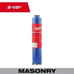 2-1/2" Dry Core Masonry Bit, blue with a red label, used for drilling clean holes in concrete, brick, and block materials.