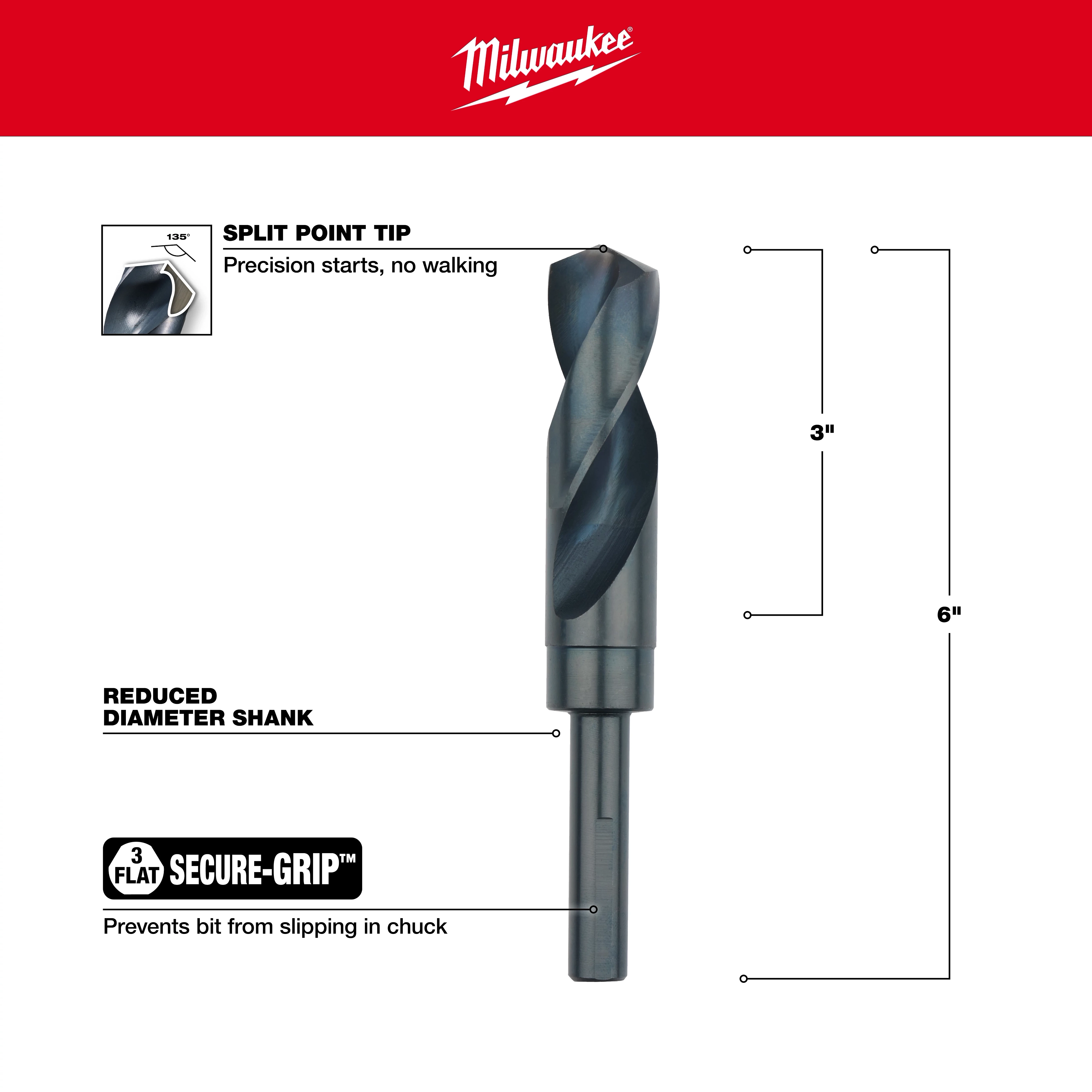 15/16" S&D Black Oxide Drill Bit with split point tip for precision, reduced diameter shank, and secure-grip feature.