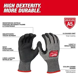 Cut Level 5 High-Dexterity Nitrile Dipped Gloves with reinforced nitrile coating, touchscreen compatibility, puncture protection, and color-coded bands.