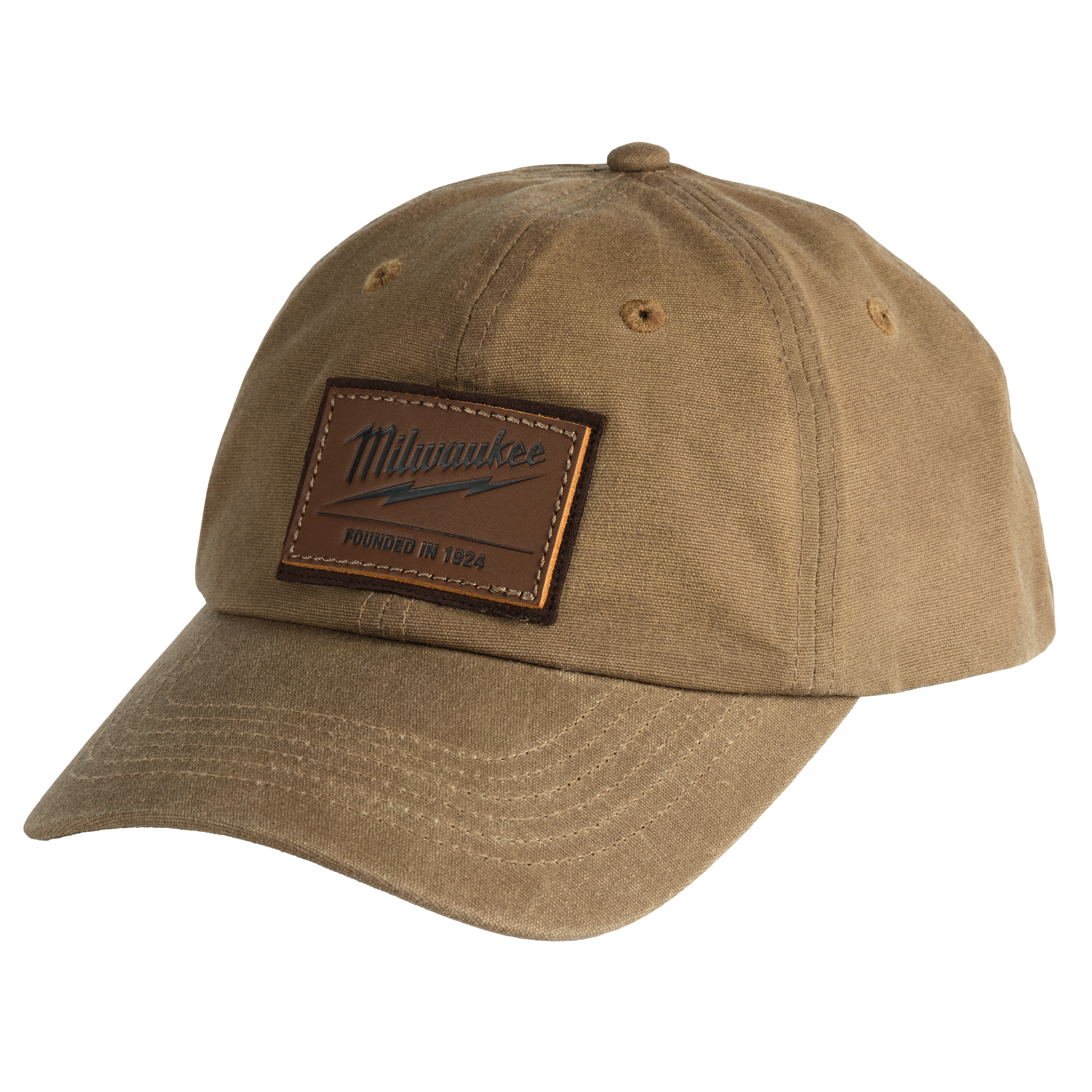 Waxed Canvas Adjustable Hat in brown with a leather patch displaying "Milwaukee Founded in 1924" on the front.