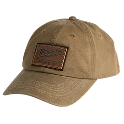 Waxed Canvas Adjustable Hat in brown with a leather patch displaying "Milwaukee Founded in 1924" on the front.