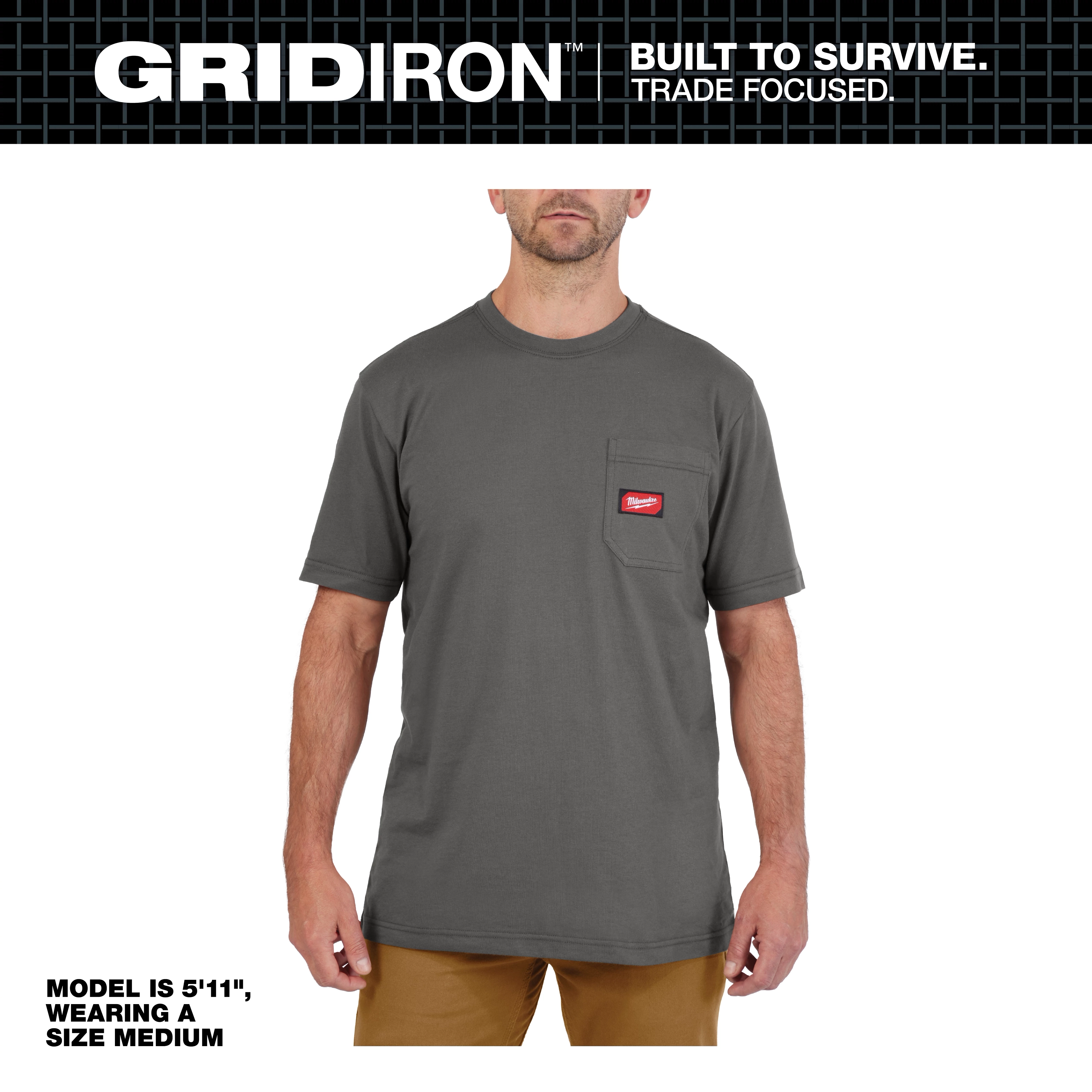 Model wearing a GRIDIRON Pocket T-Shirt - Short Sleeve in size medium, color gray, with logo patch on left chest pocket.