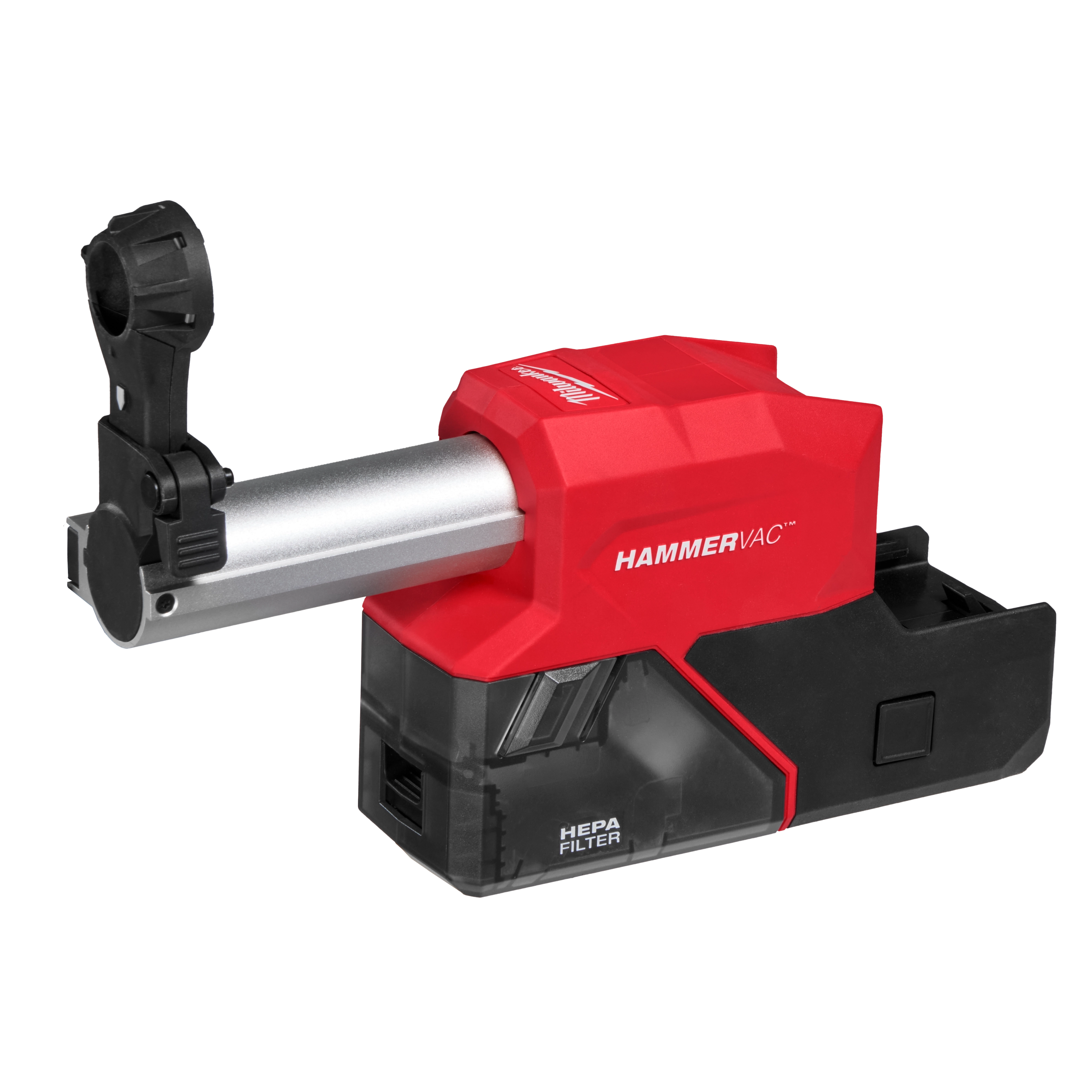 The image shows the M18 FUEL™ HAMMERVAC™ 5/8" Dedicated Dust Extractor. It is a red and black dust extraction device with a HEPA filter, designed to attach to compatible tools for dust collection.