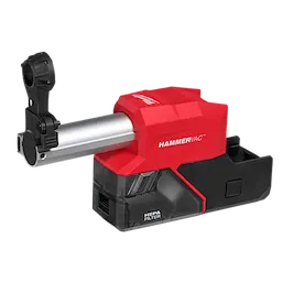 The image shows the M18 FUEL™ HAMMERVAC™ 5/8" Dedicated Dust Extractor. It is a red and black dust extraction device with a HEPA filter, designed to attach to compatible tools for dust collection.