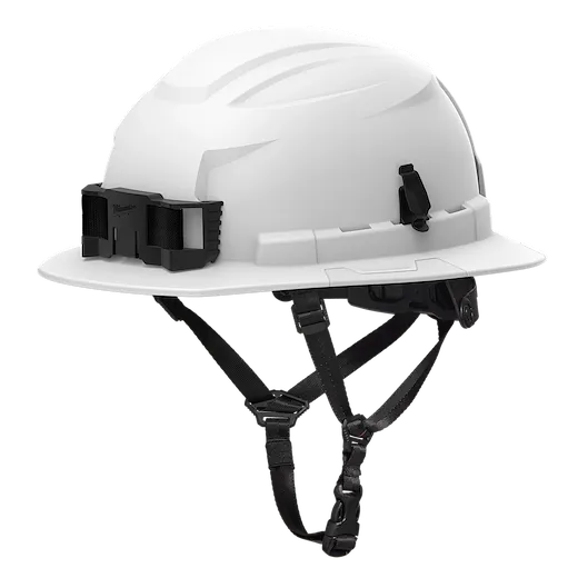 The BOLT™ White Full Brim Safety Helmet features a Type 2, Class E design with a 4-point ratcheting suspension system. It provides superior protection and comfort for construction and industrial environments. The helmet includes an adjustable chin strap and accessory slots for customization.