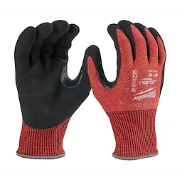 Red and black Cut Level 4 Nitrile Dipped Gloves feature a textured palm for grip and a logo on the back of the hand.