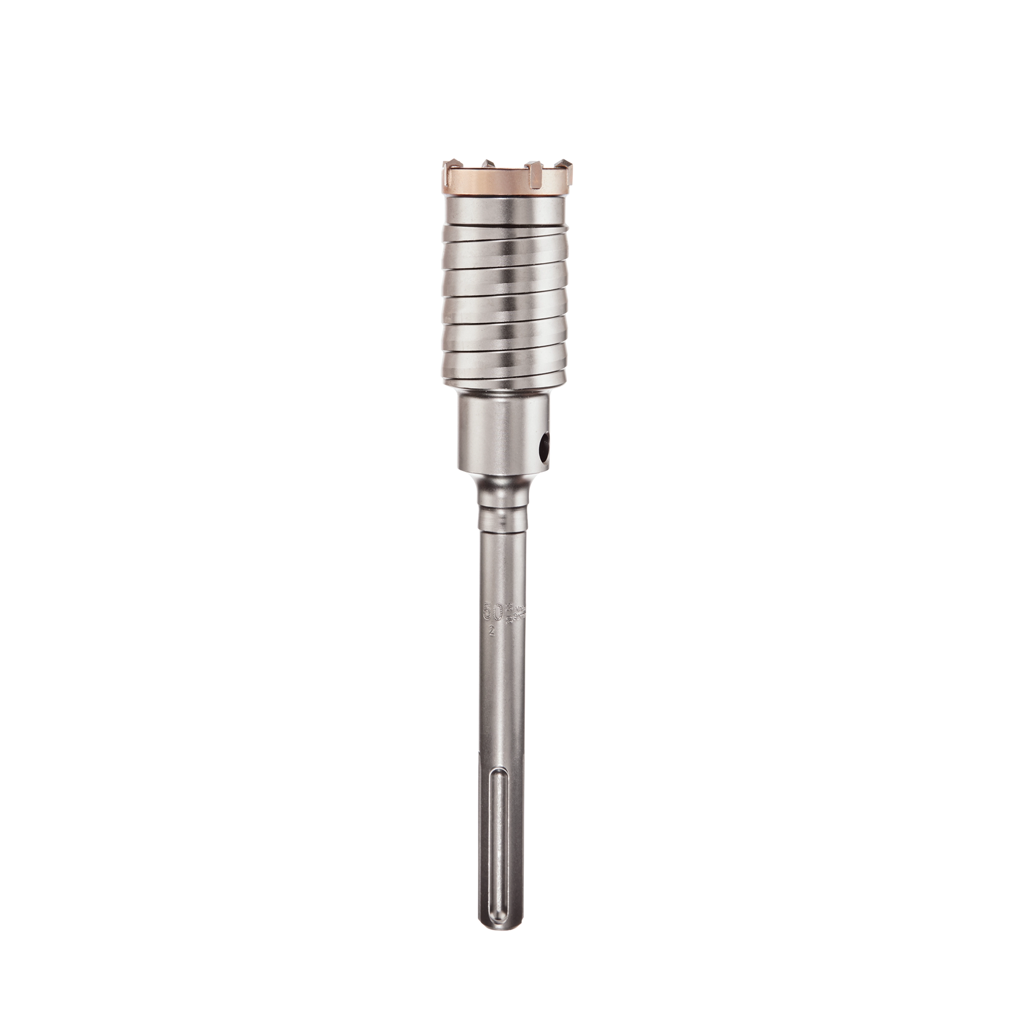 The 2" X 11-3/8" ONE PIECE SDS-MAX CORE BIT is depicted, featuring a long metal shaft with a grooved, cylindrical drilling head at the top. The bit is designed for heavy-duty drilling applications and has a metallic finish.