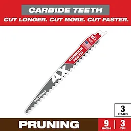 Sawzall Bi-Metal Carbide Primary Images displays a 9-inch pruning blade with carbide teeth designed for longer, faster cuts. It features 4X longevity and comes in a pack of three, shown with "Cut Longer. Cut More. Cut Faster." slogan on top. Blade has 3 teeth per inch (TPI).
