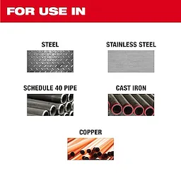 STEELHEAD™ Metal Cutting Diamond Blade is suitable for use on steel, stainless steel, Schedule 40 pipe, cast iron, and copper. The image highlights these materials with corresponding pictures under a "For Use In" header.